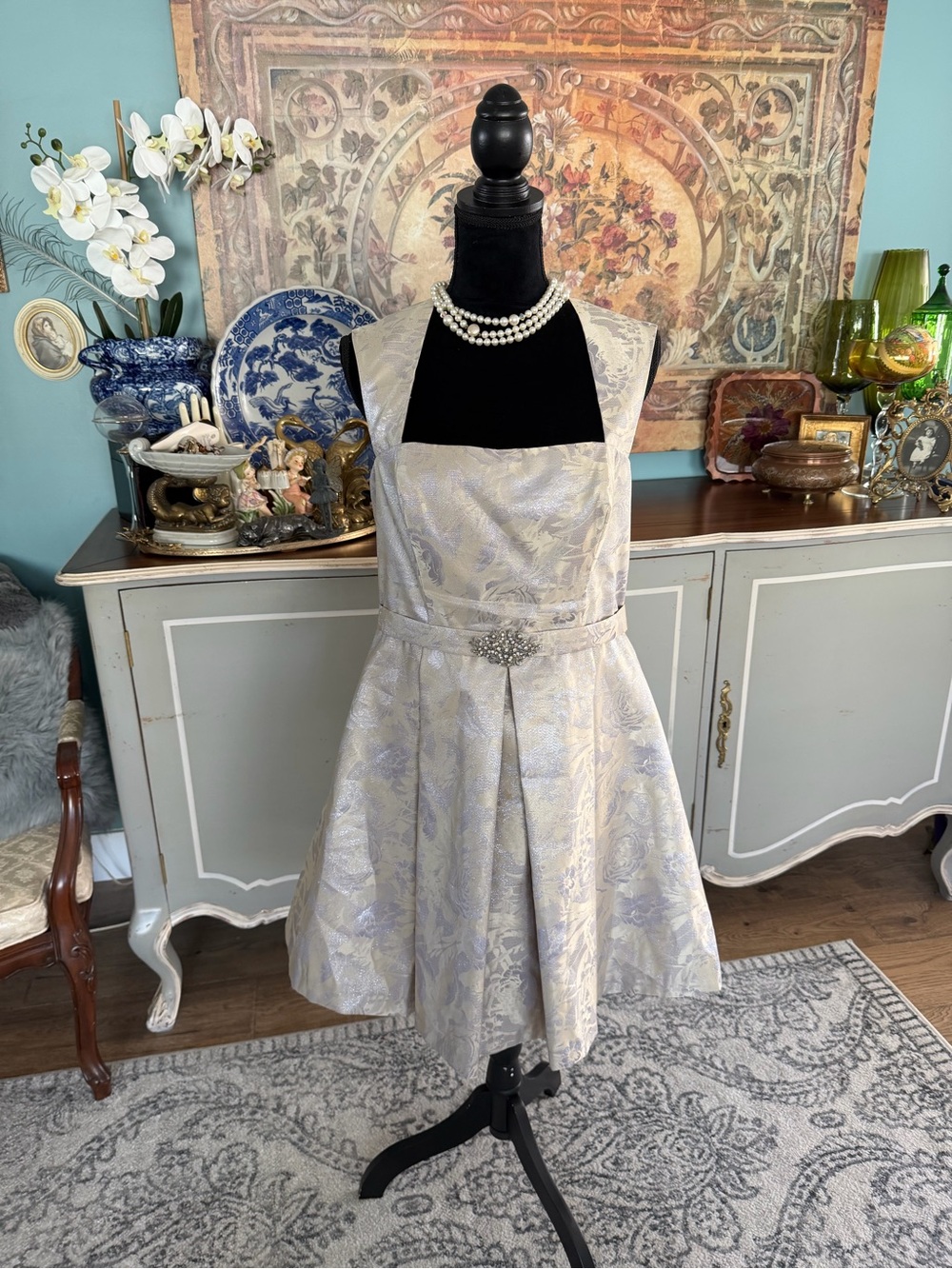 Xscape Jacquard Fit & Flare Dress w Rhinestone Brooch